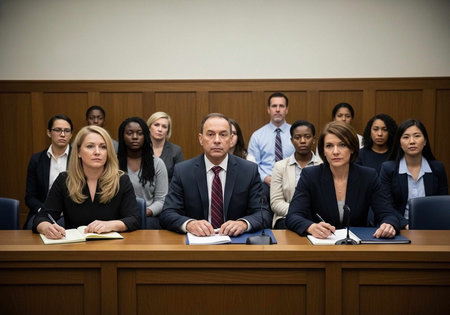 A group of people in business attire sitting in a courtroom or conference room setting.