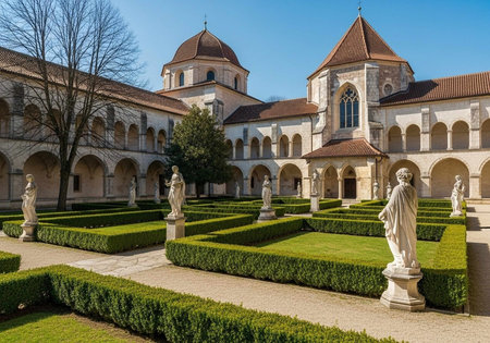 A serene courtyard with statues and manicured hedges in a historic building complex