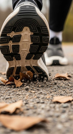 A person wearing sneakers walks on a gravel path with fallen leaves