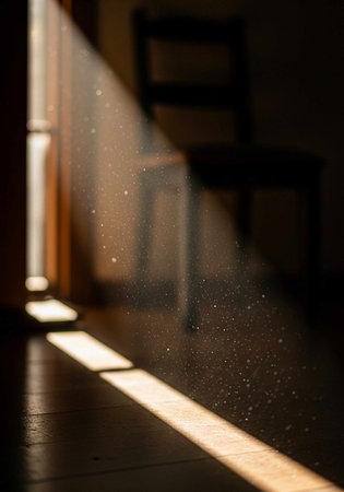 A sunbeam illuminates a dark room with a chair and floor covered in dust particlesの写真素材