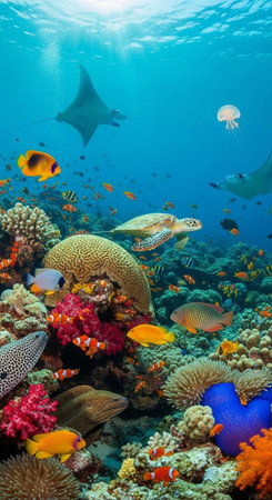 A vibrant underwater scene with a diverse array of marine life and coral reefs in the ocean