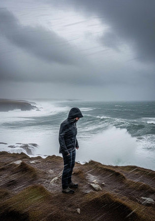 A man stands alone on a rocky cliffside during a stormy day with rough seas and cloudy skies