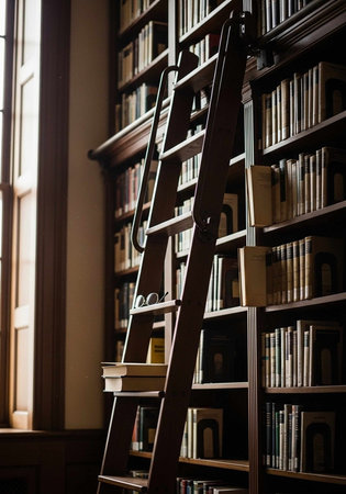 A wooden ladder leans against a tall bookshelf in a quiet library with natural light