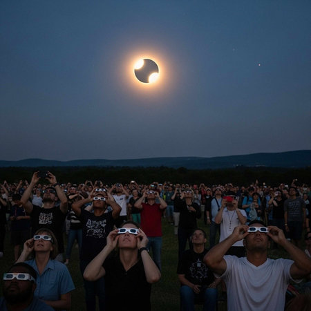 A large crowd of people wearing solar viewing glasses to watch a partial solar eclipse in the sky