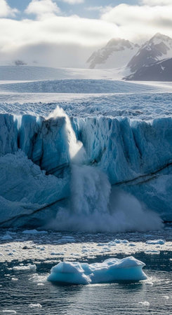 A breathtaking glacier calving into the icy waters of a serene landscape