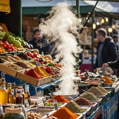 A vibrant marketplace scene with a colorful array of fresh produce and spices on displayの写真素材