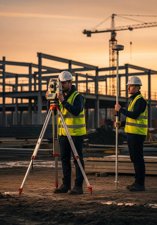 Two construction workers in hard hats and vests using surveying equipment on a building site at...