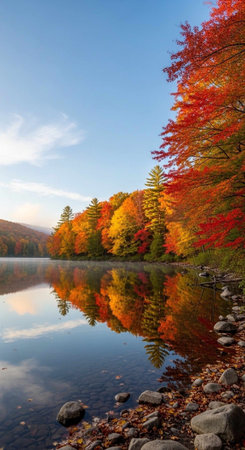 A serene lake surrounded by vibrant autumn trees reflecting on calm water under a blue sky