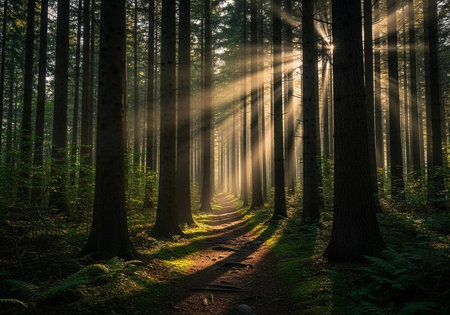 A serene forest path with sunbeams filtering through the trees, creating a peaceful atmosphere