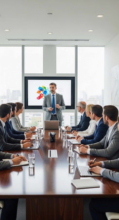 A group of business professionals engaged in a meeting with a presentation in a modern office...