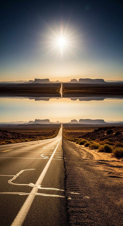 A serene desert road stretches out to the horizon under a bright sun and clear blue sky