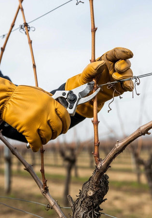 Close-up of hands in yellow gloves using pruning shears on vineyard branches.