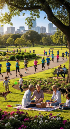 A lively park scene with people picnicking, jogging, and playing. Urban skyline in the background...