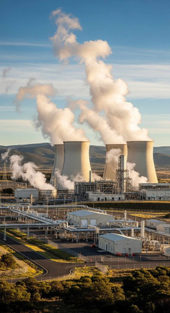 Aerial view of an industrial power plant with cooling towers emitting steam, surrounded by pipelines...