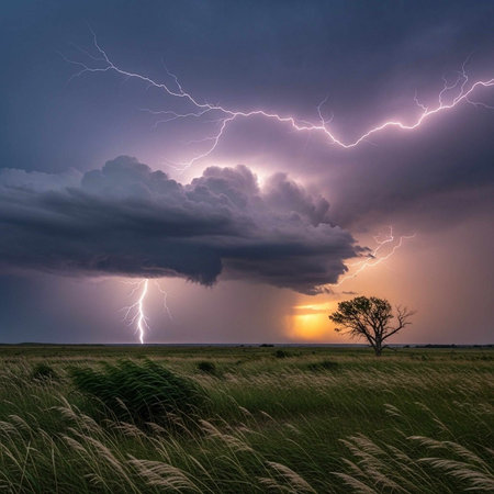 A powerful lightning storm illuminates a vast open field with tall grass and a lone tree at sunset.