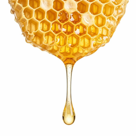 Close-up of a honeycomb with golden honey dripping from the bottom.