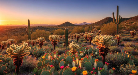 A vibrant desert scene with various cacti and colorful wildflowers under a sunset sky.