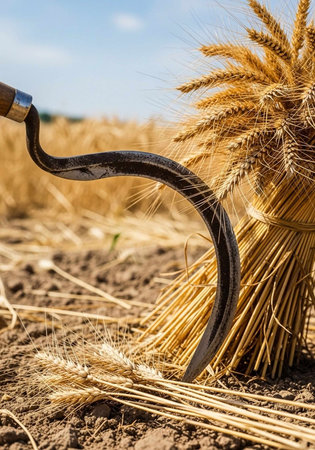 A close-up view of a sickle cutting golden wheat stalks in a field.
