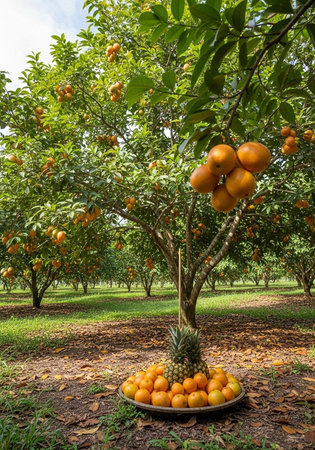 A citrus orchard with ripe oranges hanging from trees, and a large pile of freshly picked oranges on a plate beneath one tree.の写真素材