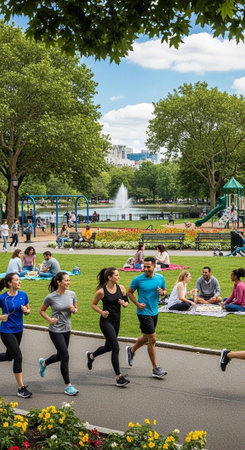 People running and relaxing in a lush park with a fountain, playground, and green lawns.の写真素材