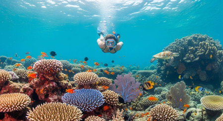 A scuba diver swims above a colorful coral reef teeming with tropical fish.