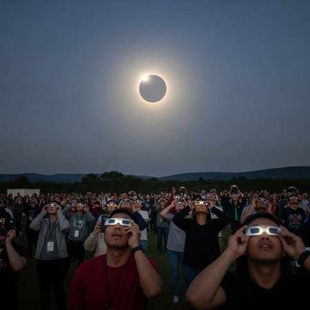 A crowd of people wearing protective glasses observing a solar eclipse in an open field.
