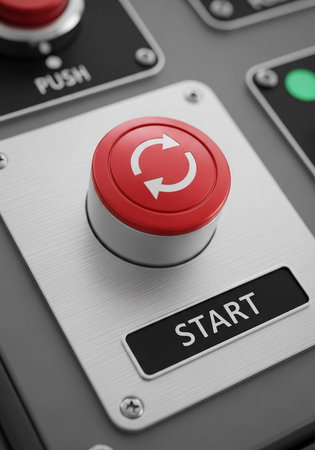 A close-up view of a metallic control panel with a prominent red start button featuring a circular...
