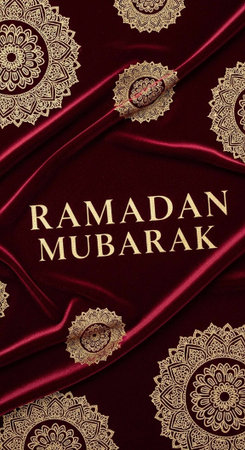 Ramadan Mubarak text on rich red fabric with intricate gold patterns and designs.