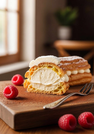 A close-up of a cream-filled pastry slice on a wooden board, garnished with fresh raspberries and a...