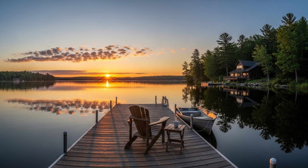 A tranquil sunset over a calm lake, reflecting off the water. A wooden dock with Adirondack chairs...