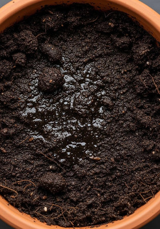 Close-up view of wet, dark soil in a terracotta pot with visible water droplets.