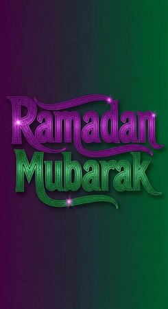 A festive Ramadan Mubarak greeting card with a gradient background in purple and green, featuring...