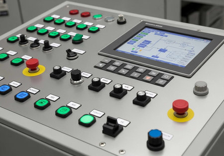 Close-up of an industrial control panel featuring multiple buttons, switches, and a touchscreen...