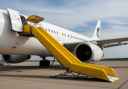 A yellow mobile staircase connected to a white commercial airplane door on the tarmac.の写真素材