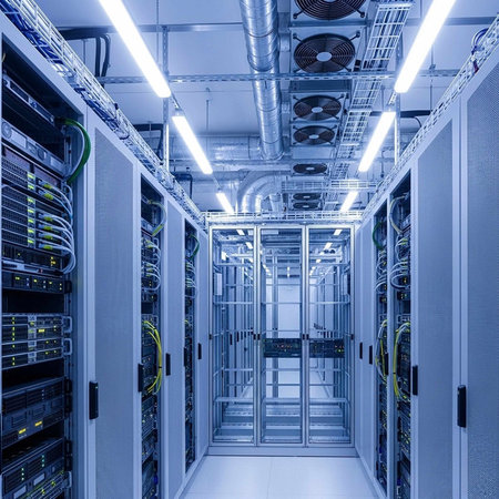 A well-lit data center aisle featuring multiple server racks, cooling fans, and extensive cabling.