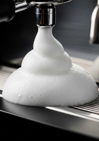 A close-up view of a white, foamy water stream flowing from a metallic faucet.の写真素材