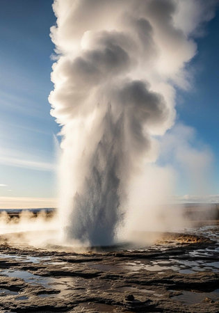 A tall geyser erupts forcefully, sending a column of steam into the clear blue sky.