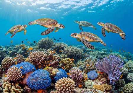 Four sea turtles glide over a colorful coral reef teeming with marine life.の写真素材