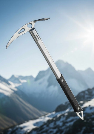 A close-up of an ice axe with a snowy mountain range in the background.