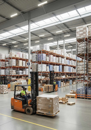 A worker in high-visibility gear operates a forklift moving pallets in a spacious, well-lit...