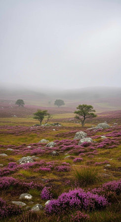 A serene, foggy landscape featuring purple heather, green grass, and scattered trees on a misty...