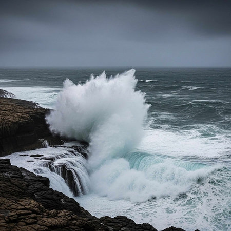 Dramatic wave crashing against a rocky cliff with water spraying into the air.