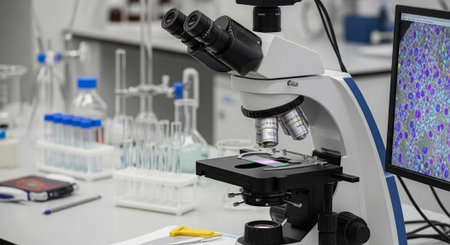A modern laboratory setting with a microscope, test tubes, and a monitor displaying microscopic...