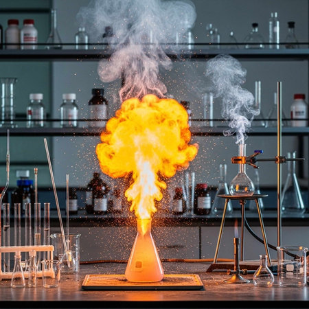 A vibrant flame erupts from a conical flask in a lab filled with glassware and chemicals.