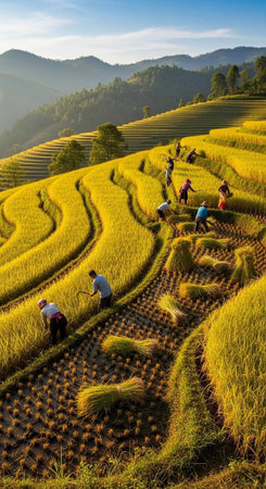 Workers harvesting rice in lush, golden terraced fields with misty mountains in the background.の写真素材