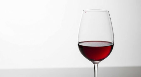 A clear wine glass filled with red wine against a plain white background.