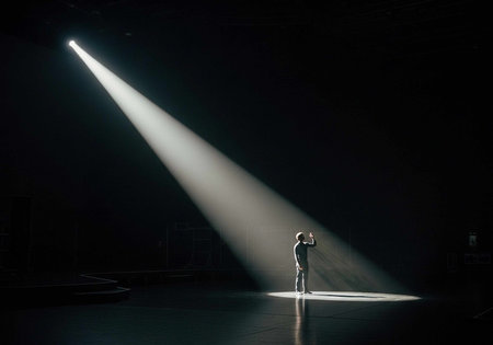 A single performer stands in a spotlight on a dark stage, holding a microphone.