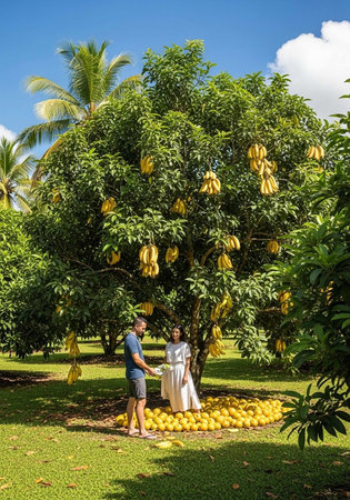 A man and woman standing in front of a large tree laden with ripe yellow fruit.