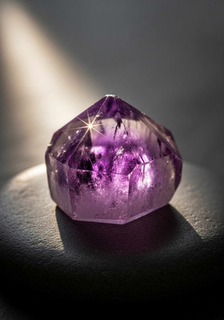 A faceted purple crystal gemstone with a star-like inclusion, illuminated by soft light.
