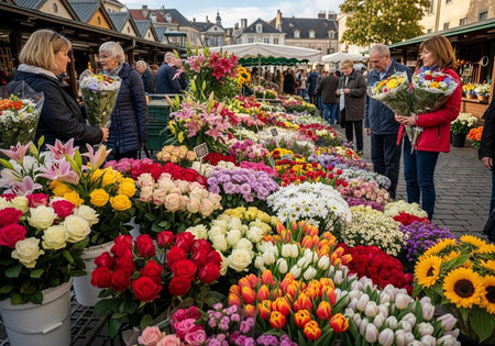 Busy outdoor market with colorful flower arrangements and people shopping